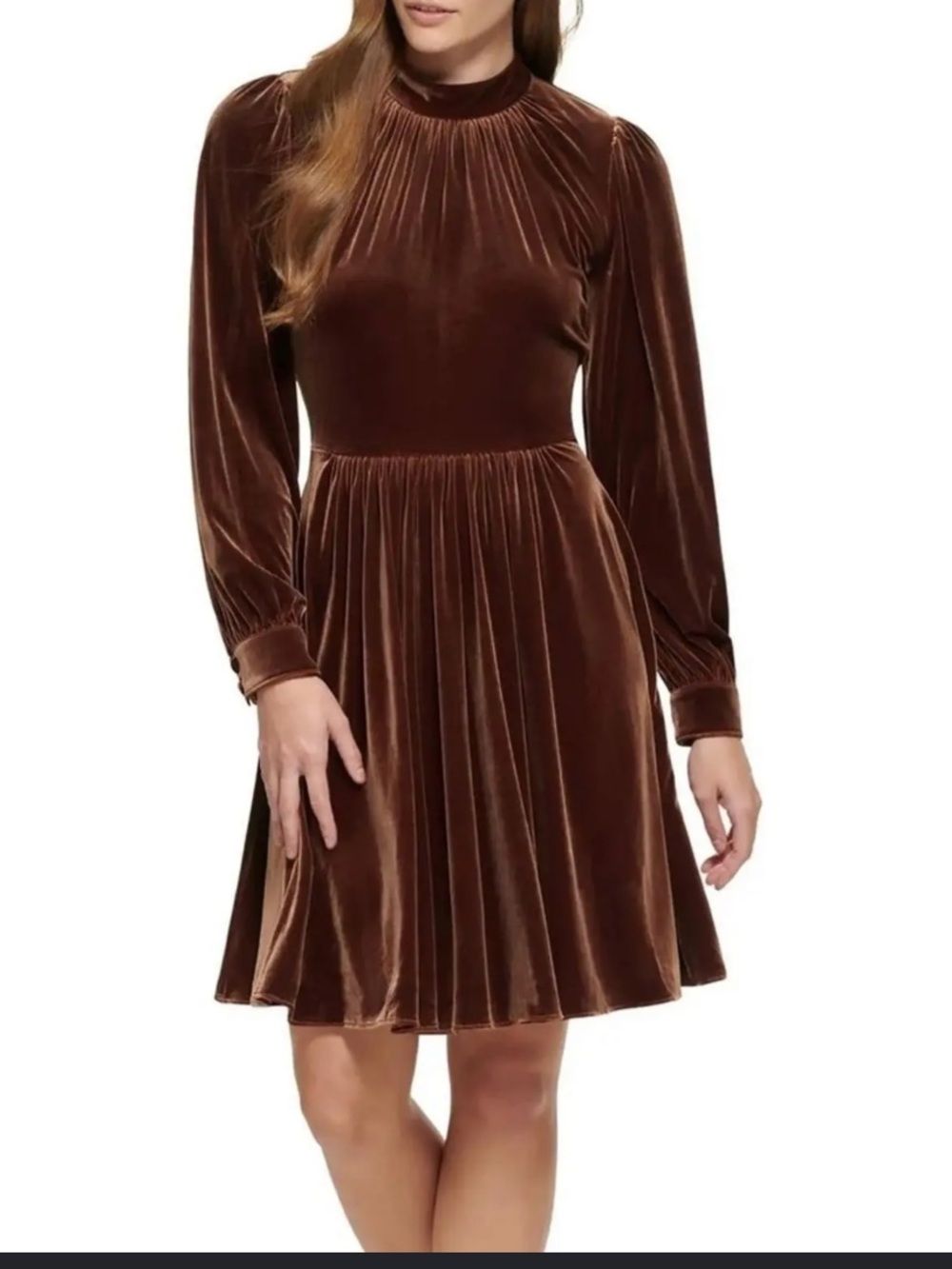 Calvin Klein velvet long sleeve golden brown midi dress size 16 mock neck